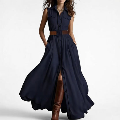 Robe‑chemise longue ceinturée avec passepoils contrastés