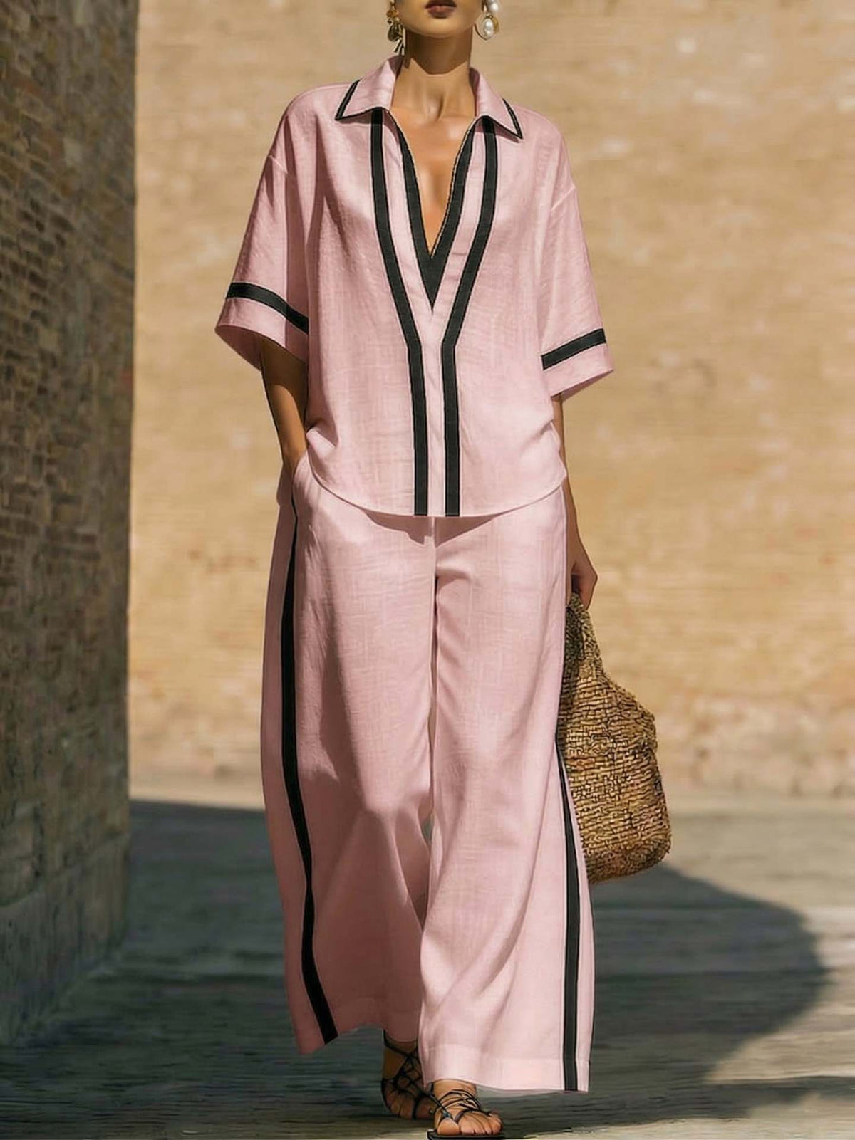 Ensemble deux‑pièces à blocs de couleurs tendance : chemise décontractée à manches courtes et pantalon à jambes larges