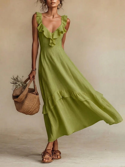 Robe longue maxi mélange lin à volants