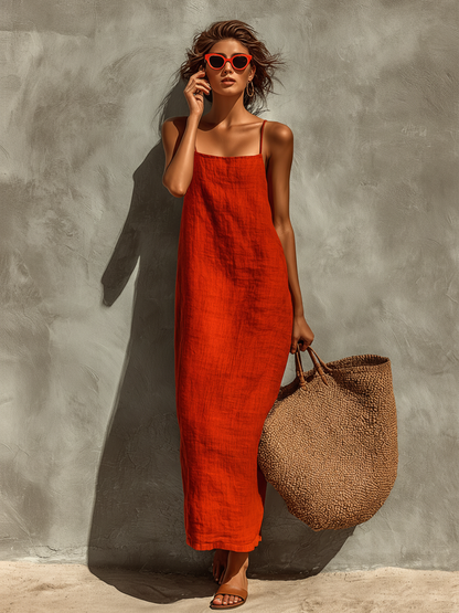 Robe Femme Rouge en Coton à Bretelles Fines et Encolure Carrée, Style Bohème Chic Intemporel