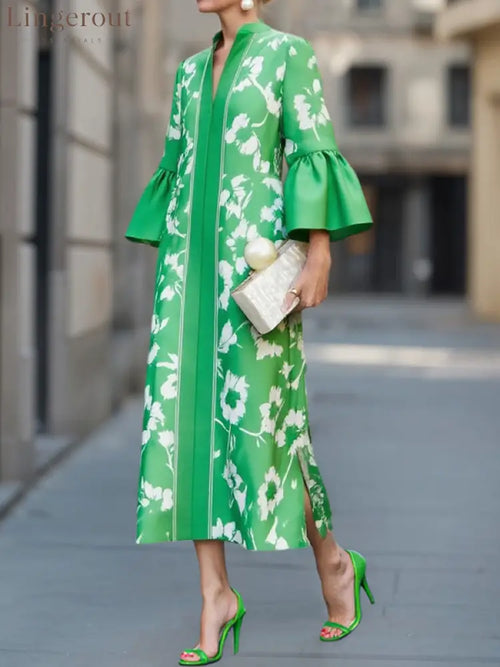 Flared Sleeves Loose Flower Print Pleated Pockets Split-Side V-Neck Maxi Dresses - GREEN / S