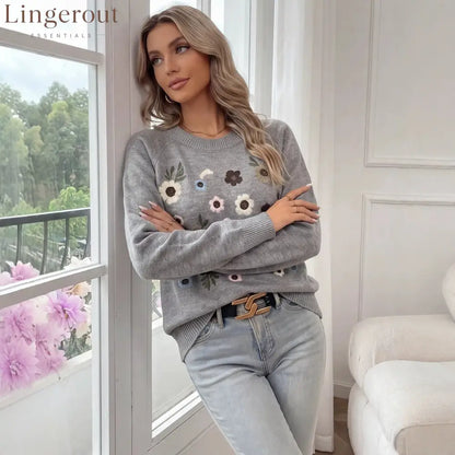 Cross-Border Independent Station Heavy Industry Flower Embroidered Sweater Women’S Pullover 2026 Autumn And Winter New