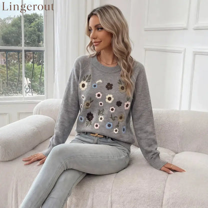 Cross-Border Independent Station Heavy Industry Flower Embroidered Sweater Women’S Pullover 2026 Autumn And Winter New