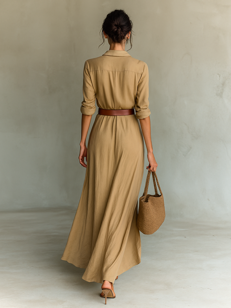 Maxi‑robe femme à revers, boutonnage simple, manches longues, fournie avec ceinture