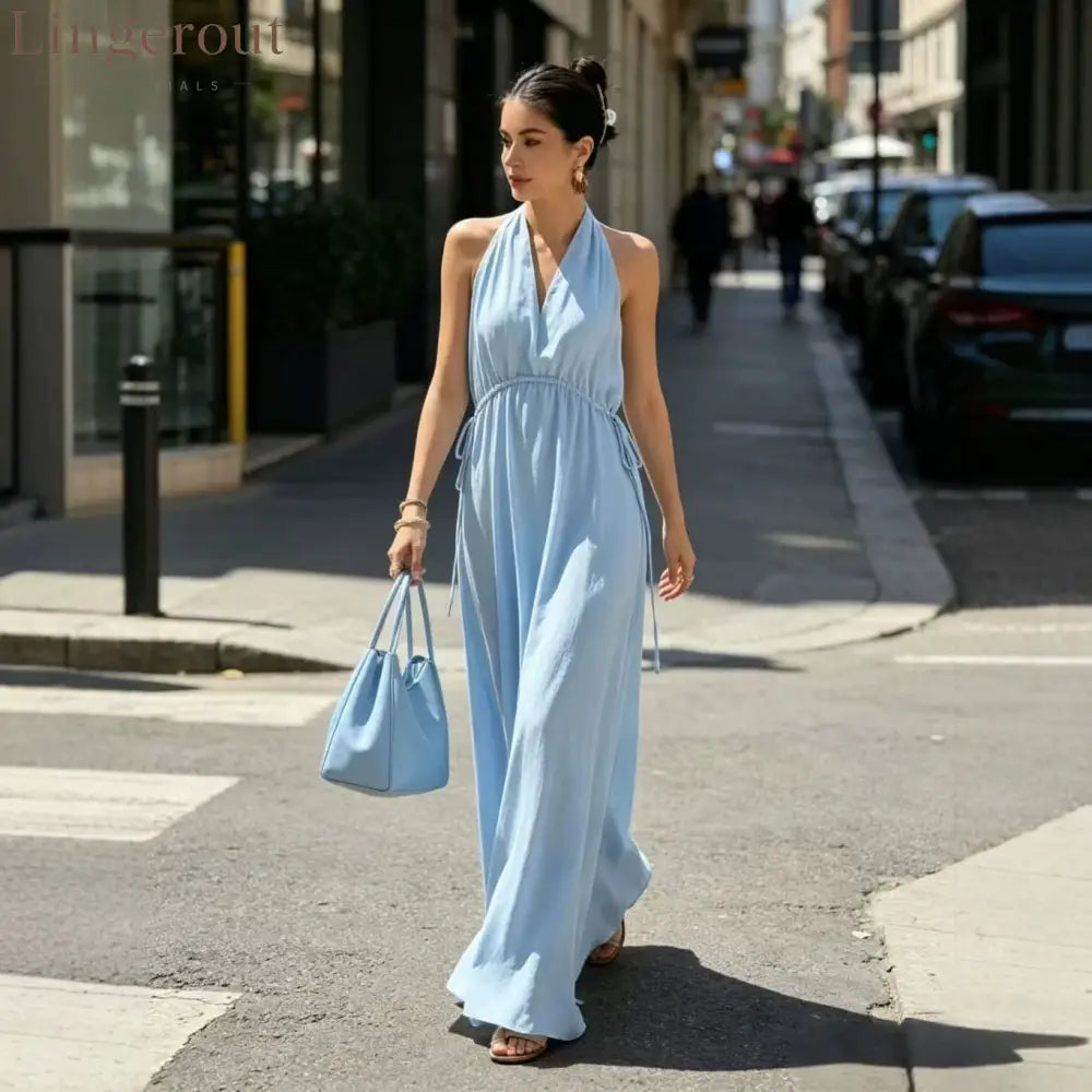 Halter V-Neck Drawstring Waist Maxi Dress