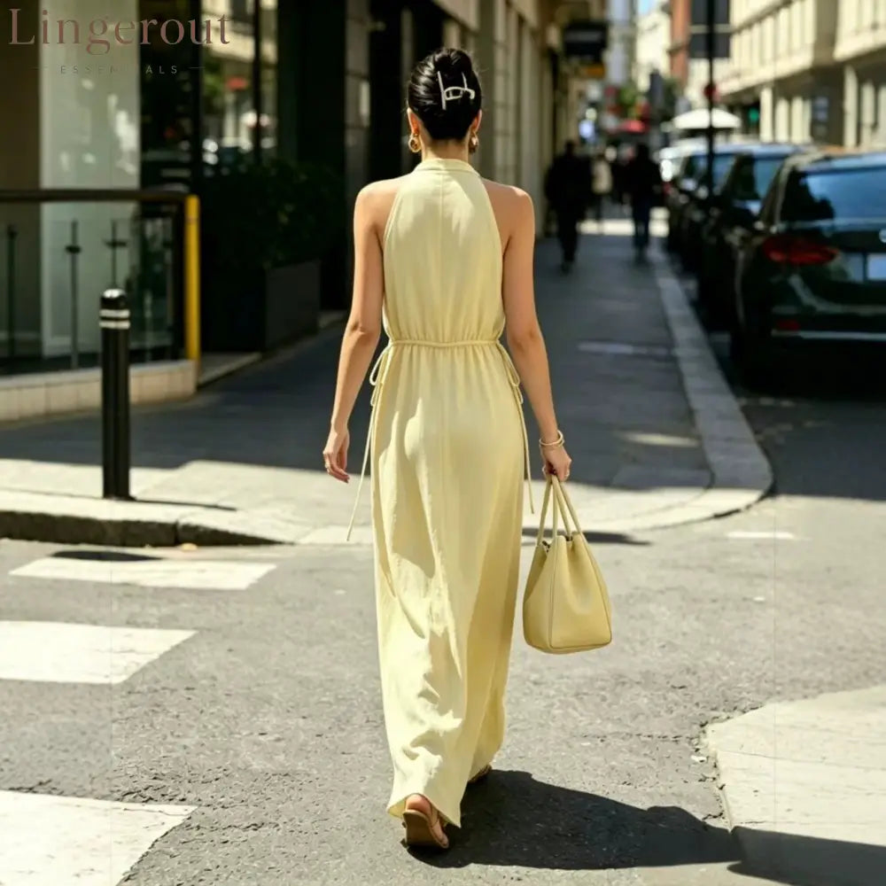 Halter V-Neck Drawstring Waist Maxi Dress