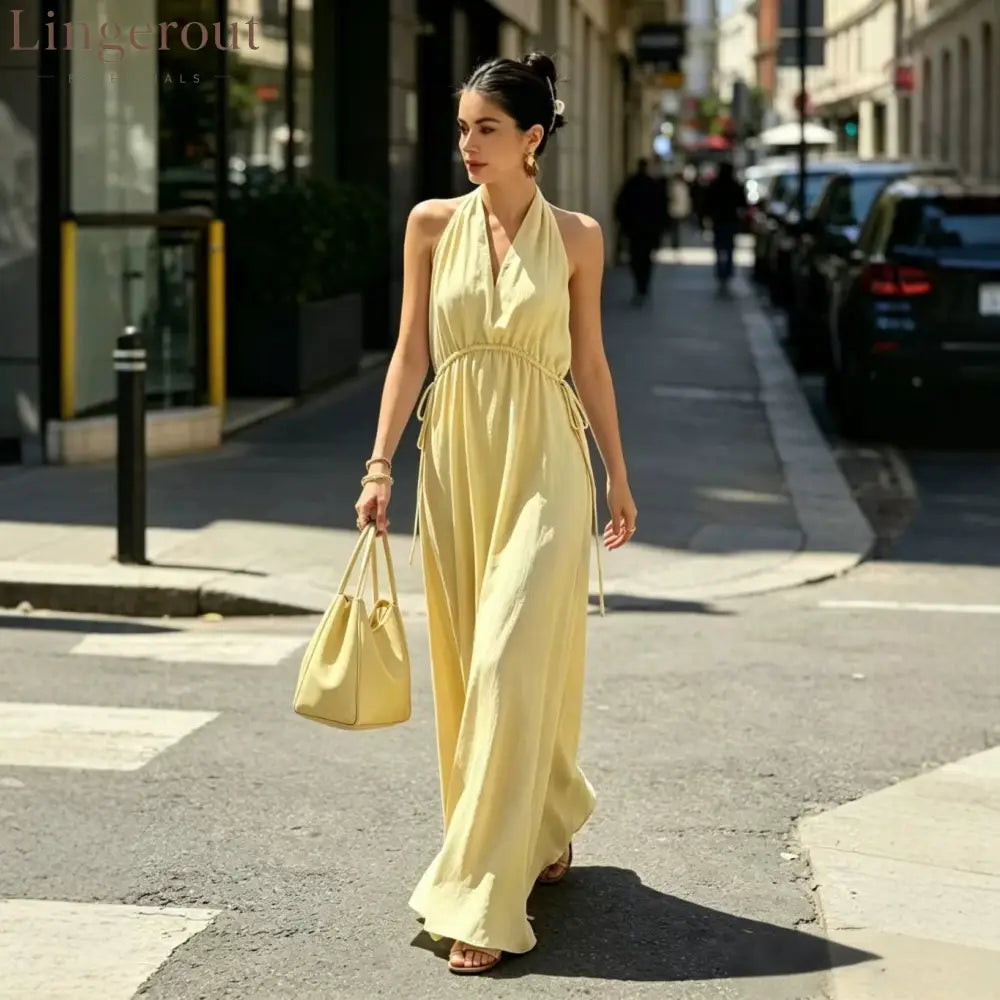 Halter V-Neck Drawstring Waist Maxi Dress