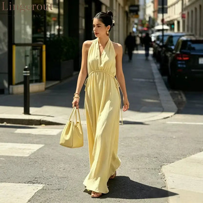 Halter V-Neck Drawstring Waist Maxi Dress