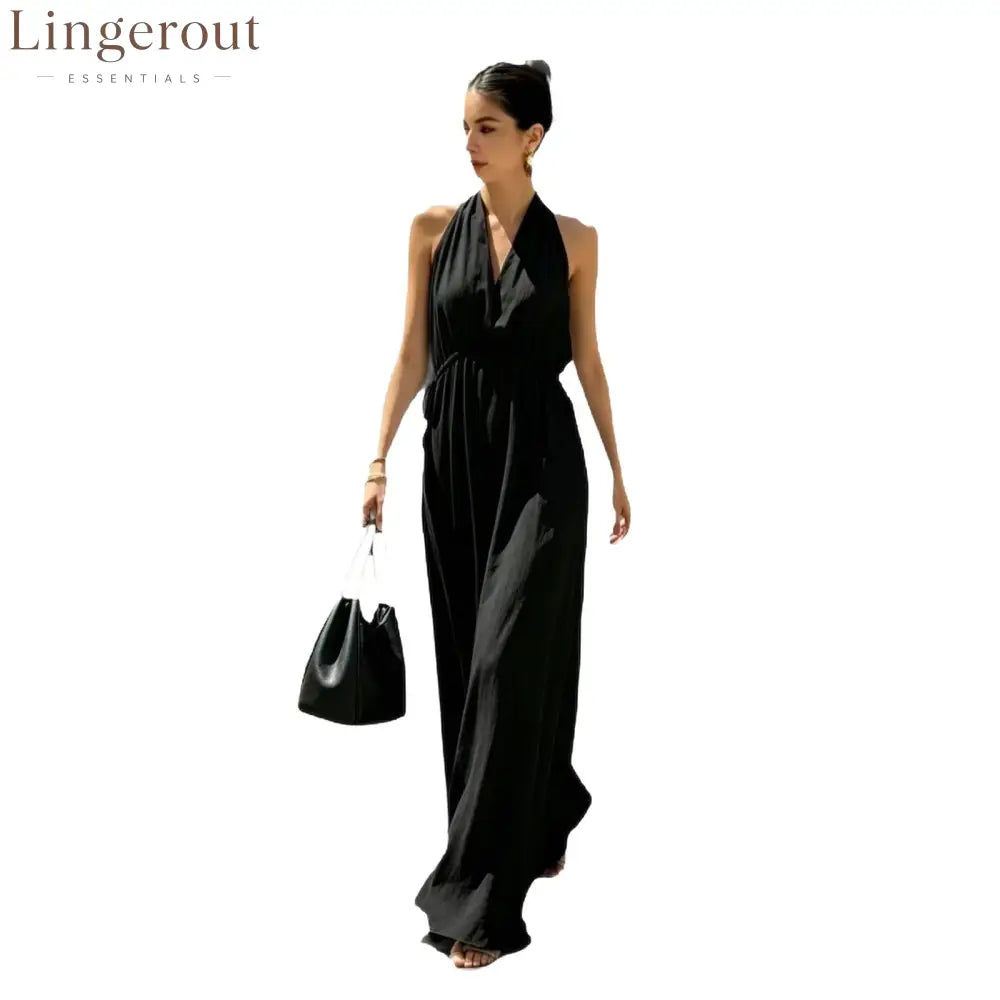 Halter V-Neck Drawstring Waist Maxi Dress