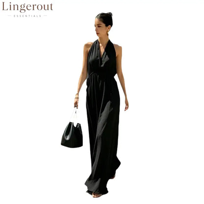 Halter V-Neck Drawstring Waist Maxi Dress