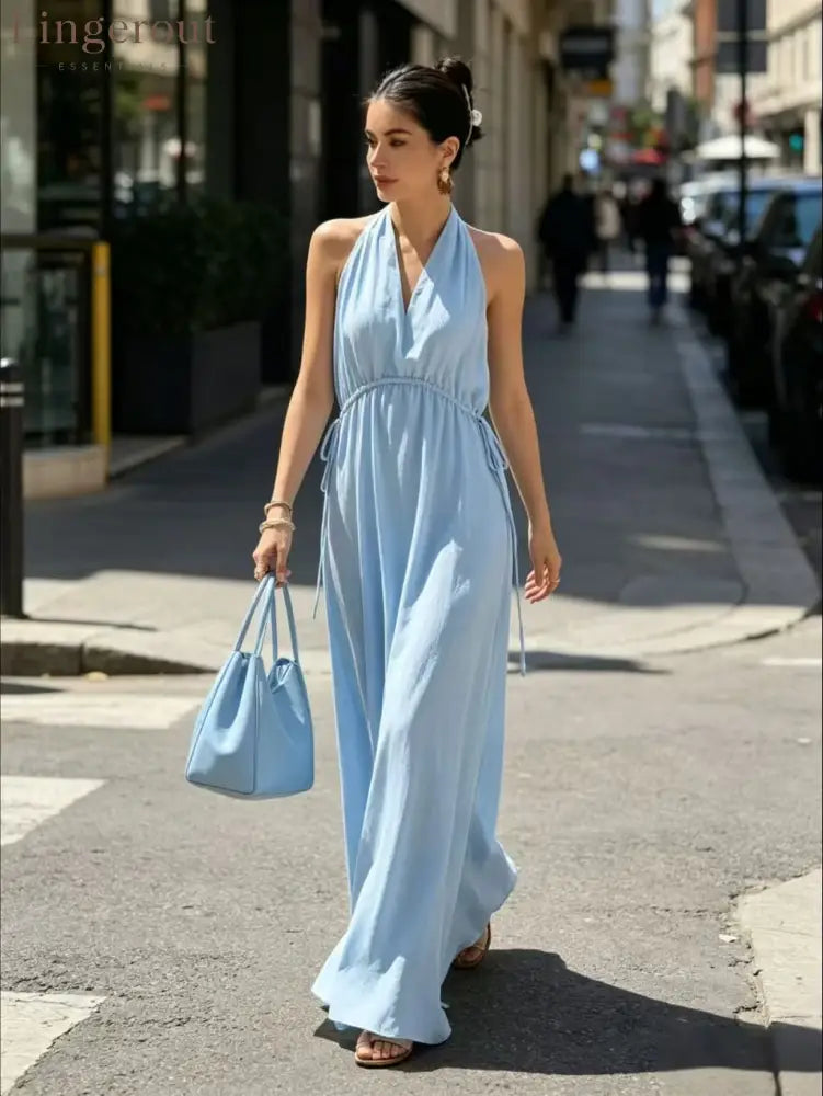 Halter V-Neck Drawstring Waist Maxi Dress - Blue / S