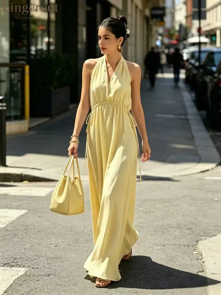 Halter V-Neck Drawstring Waist Maxi Dress - Yellow / S