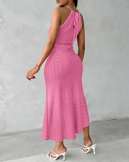Robe décontractée à col licou, nouée, croisée devant, en jacquard tricoté texturé avec fente, robe de vacances drapée ajourée