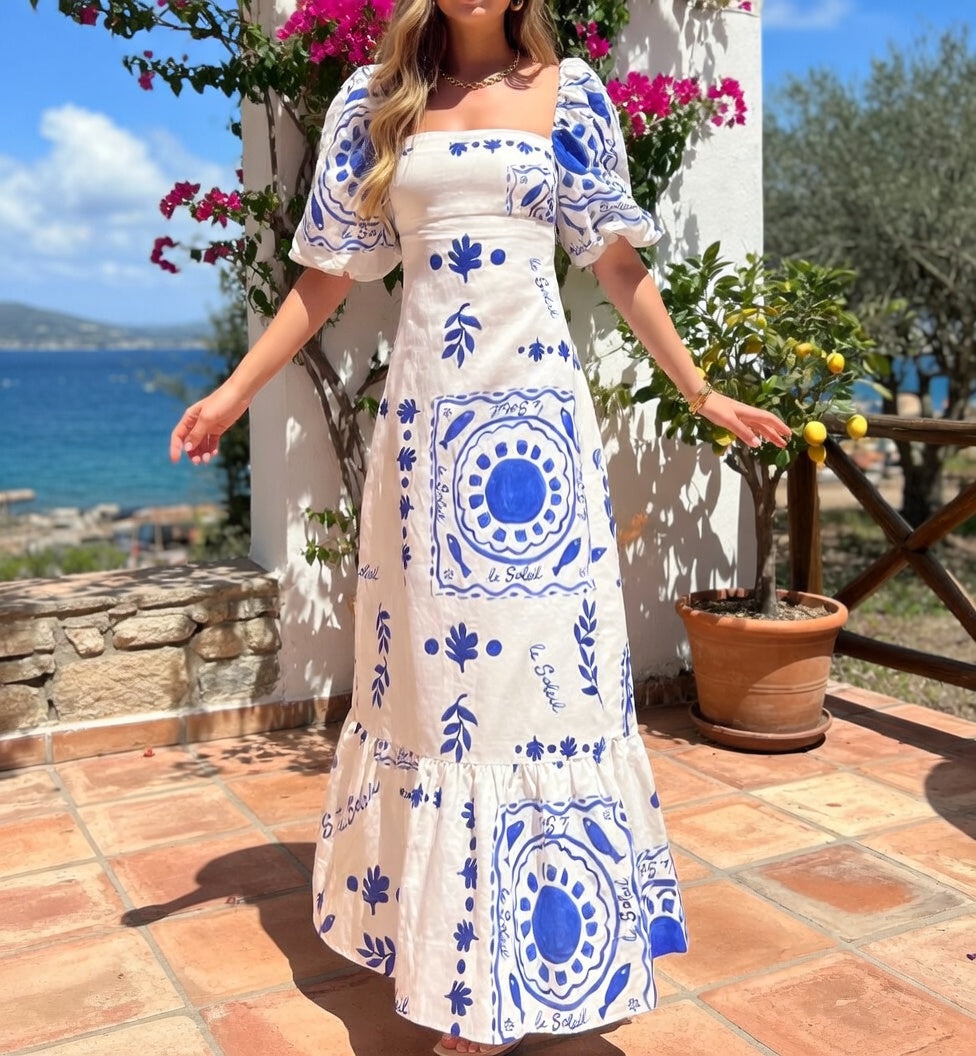 Robe longue à col carré, manches bouffantes, imprimé unique, mélange lin