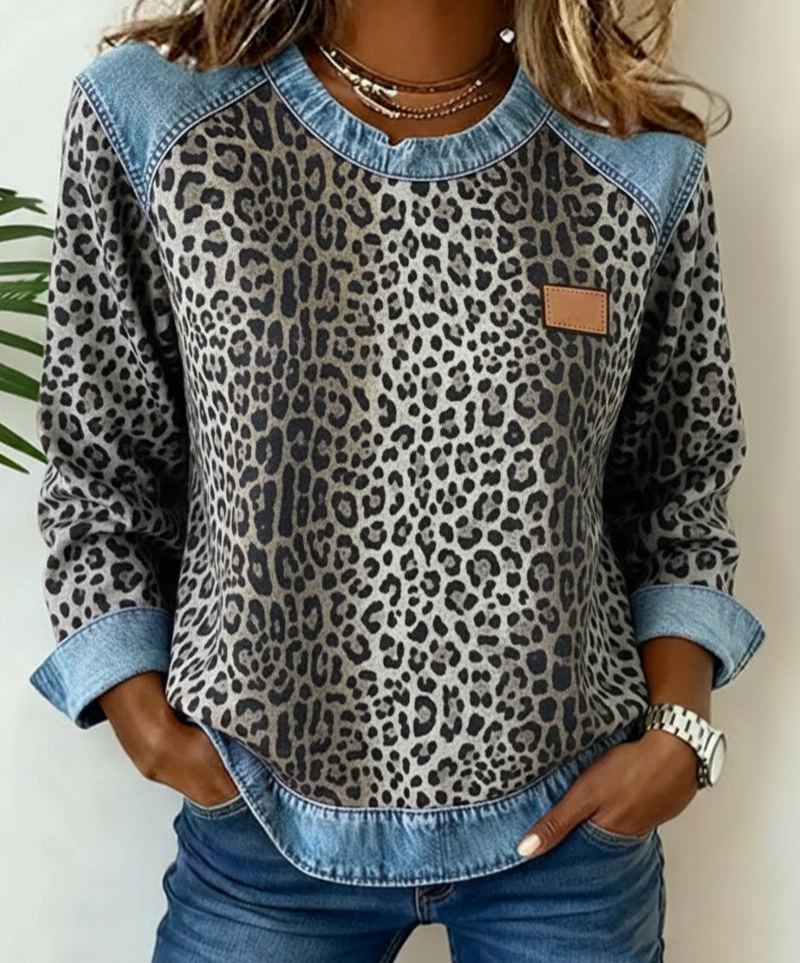 Sweat à patchwork en jean à motif léopard