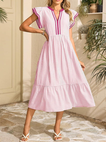 Robe longue femme à rayures, col V et manches papillon