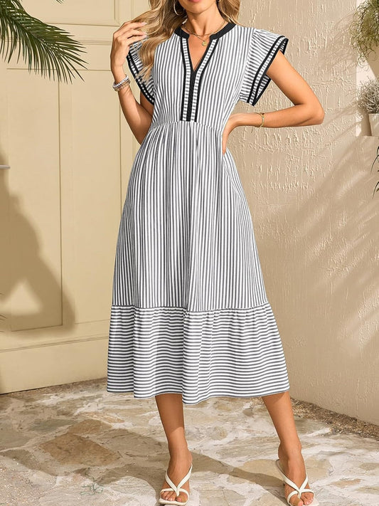 Robe longue femme à rayures, col V et manches papillon