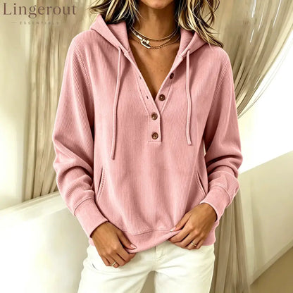 Knit Hooded Top – Soft Textured Button-Detail Hoodie - Pink / S
