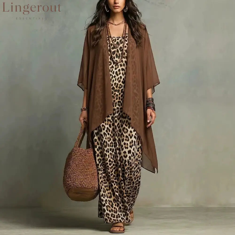 European And American Cross-Border New Spring And Autumn Leopard Print Suspender Long Skirt Two-Piece Blouse Chiffon