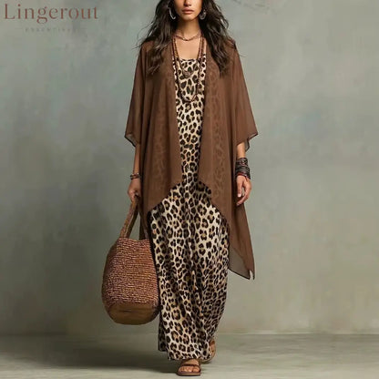 European And American Cross-Border New Spring And Autumn Leopard Print Suspender Long Skirt Two-Piece Blouse Chiffon