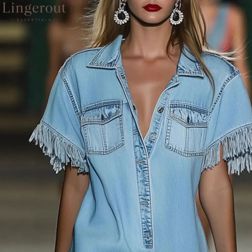 Light Wash Fringe Denim Shirt Dress