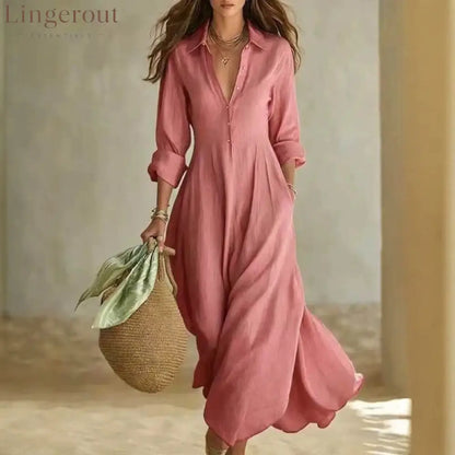 Linen-Blend Shirt Dress – Flowing Maxi Button-Front Dress