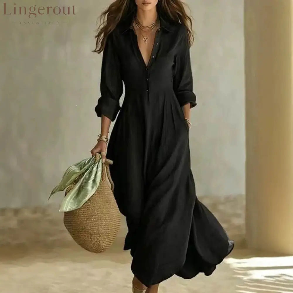 Linen-Blend Shirt Dress – Flowing Maxi Button-Front Dress