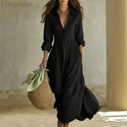 Linen-Blend Shirt Dress – Flowing Maxi Button-Front Dress