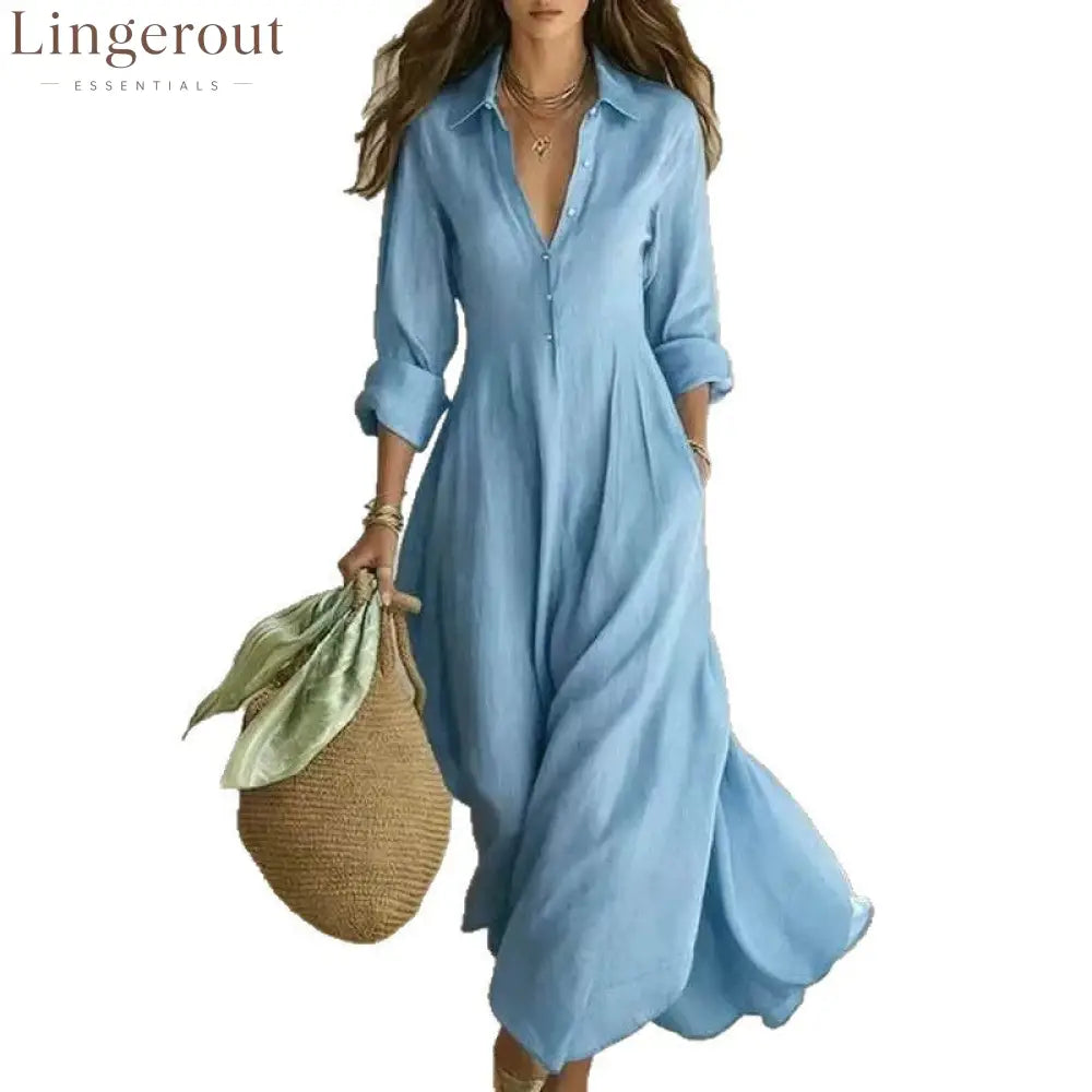 Linen-Blend Shirt Dress – Flowing Maxi Button-Front Dress
