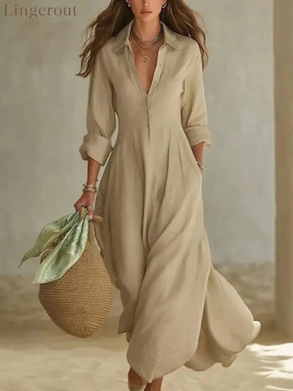Linen-Blend Shirt Dress – Flowing Maxi Button-Front Dress - Camel / S