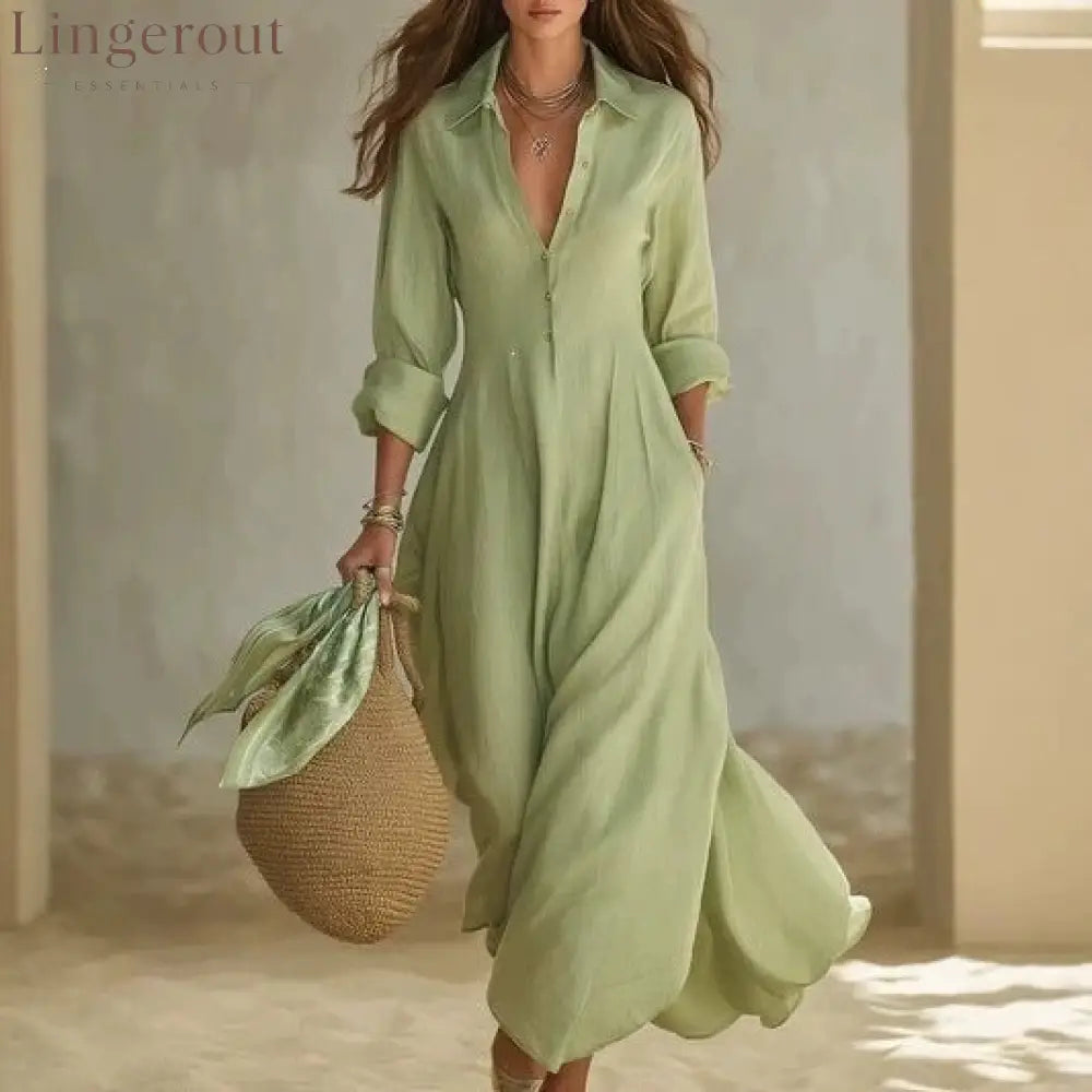 Linen-Blend Shirt Dress – Flowing Maxi Button-Front Dress - Green / S
