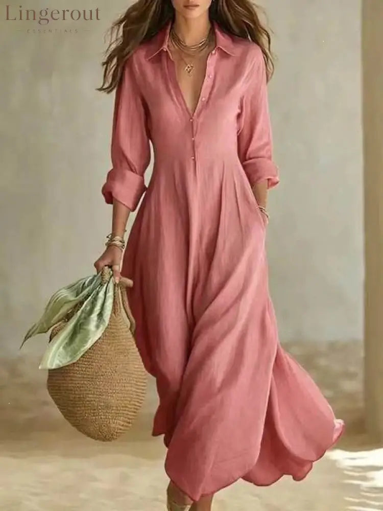 Linen-Blend Shirt Dress – Flowing Maxi Button-Front Dress - Pink / S