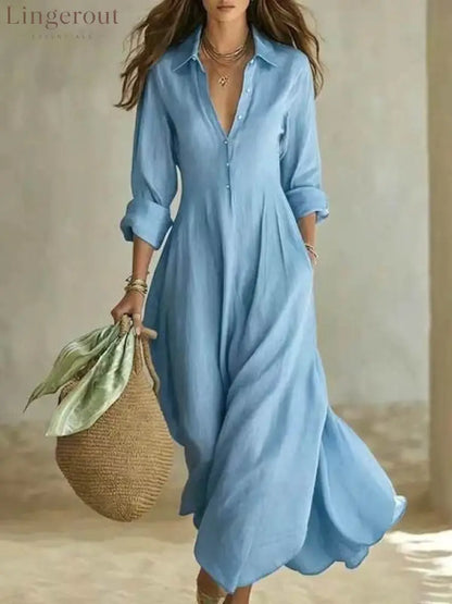 Linen-Blend Shirt Dress – Flowing Maxi Button-Front Dress - Sky blue / S