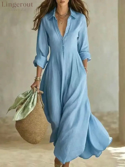 Linen-Blend Shirt Dress – Flowing Maxi Button-Front Dress - Sky blue / S