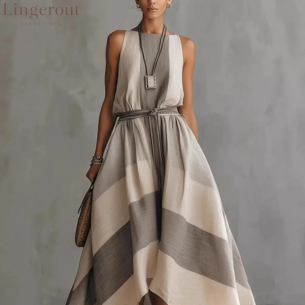 Linen Blend Striped Sleeveless Maxi Dress