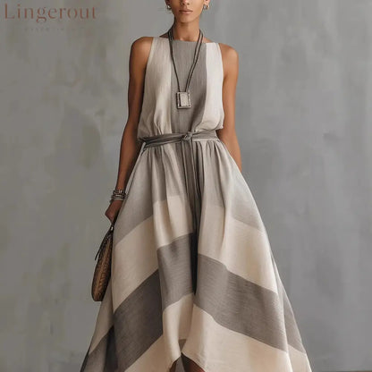 Linen Blend Striped Sleeveless Maxi Dress