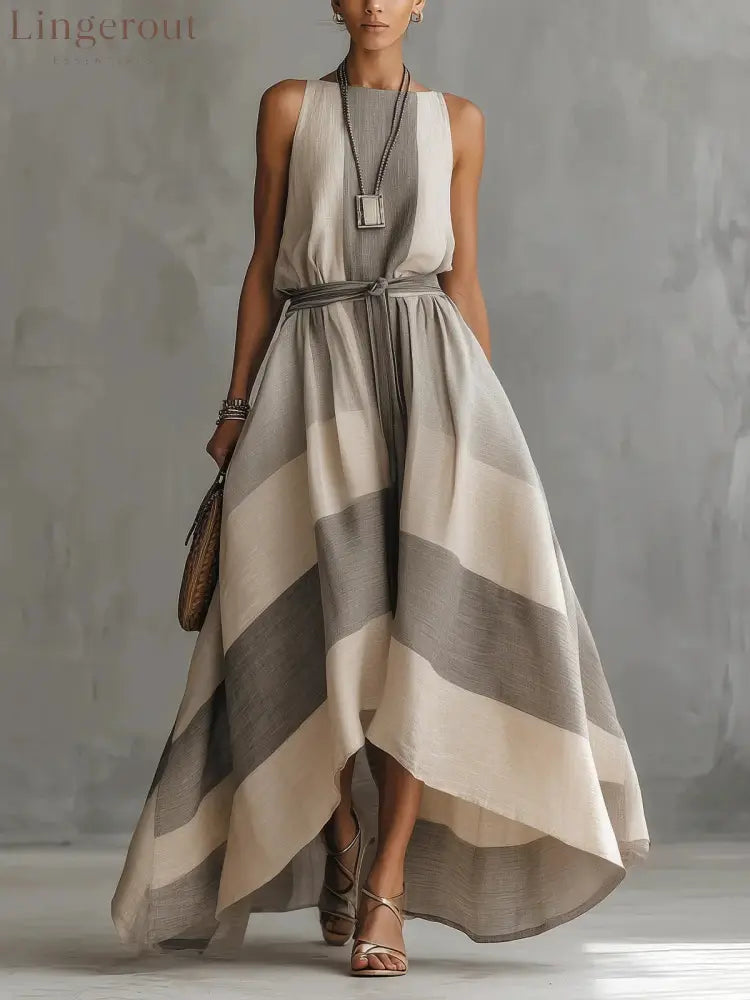 Linen Blend Striped Sleeveless Maxi Dress - Grey / S