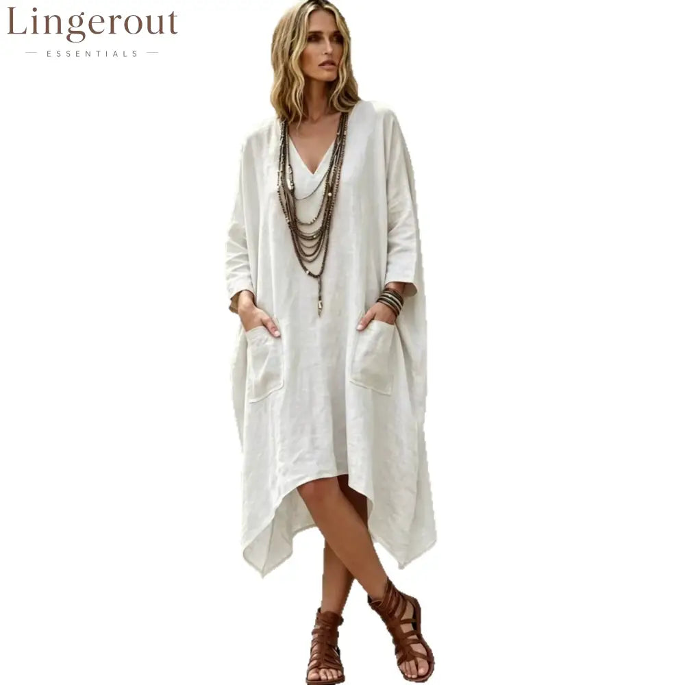 Linen Blend V-Neck 3/4 Sleeve Irregular Hem Midi Dress With Side Pockets