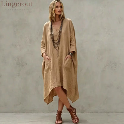 Linen Blend V-Neck 3/4 Sleeve Irregular Hem Midi Dress With Side Pockets