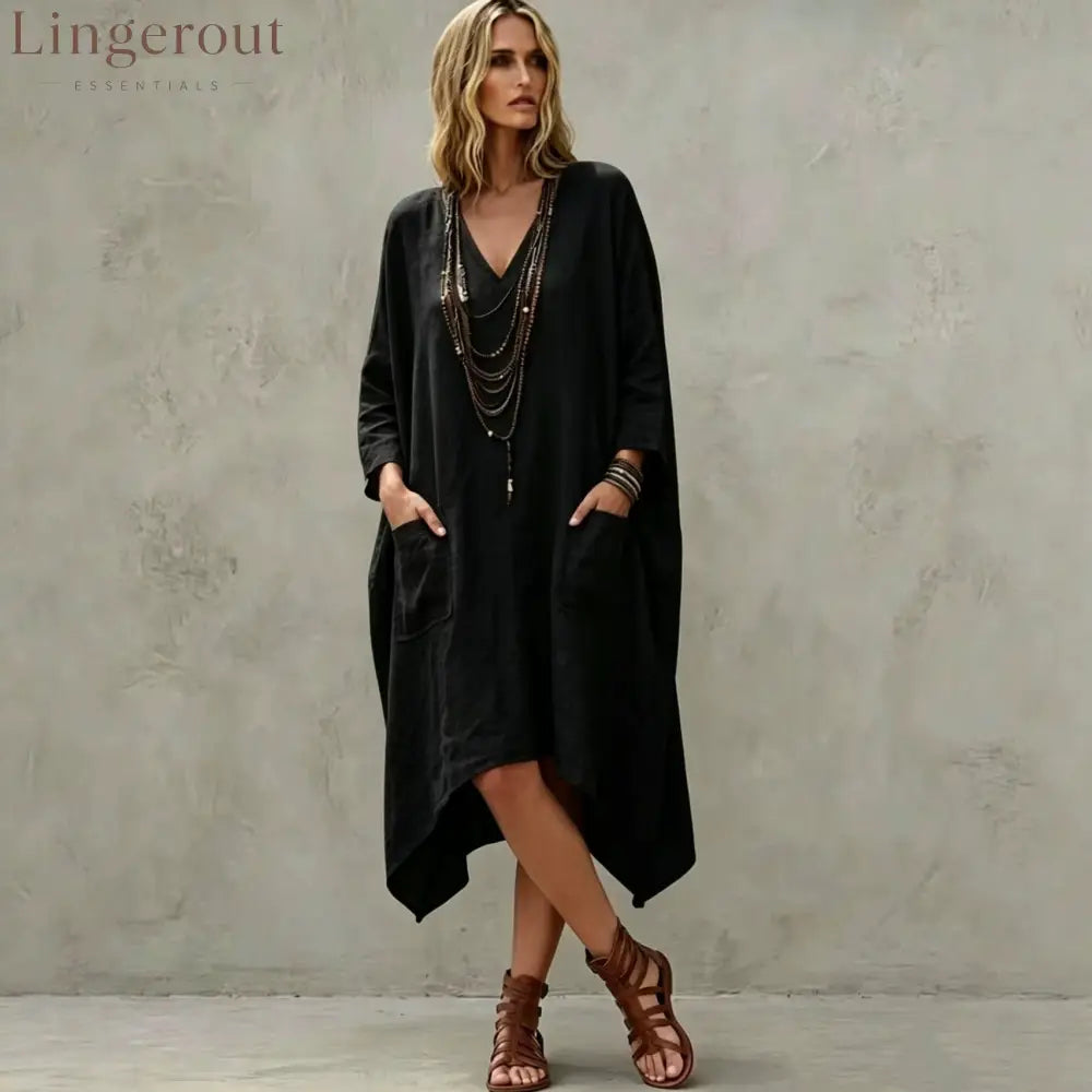 Linen Blend V-Neck 3/4 Sleeve Irregular Hem Midi Dress With Side Pockets - Black / S