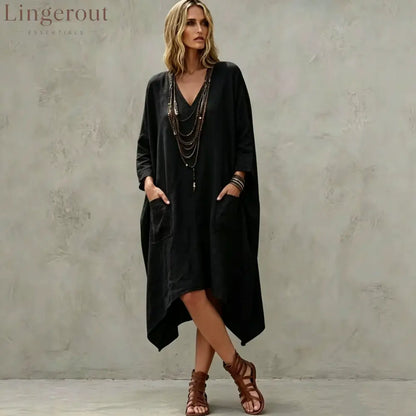 Linen Blend V-Neck 3/4 Sleeve Irregular Hem Midi Dress With Side Pockets - Black / S