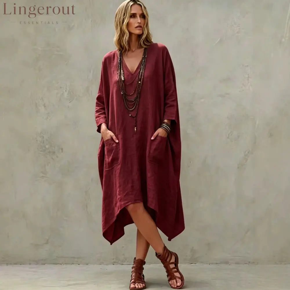 Linen Blend V-Neck 3/4 Sleeve Irregular Hem Midi Dress With Side Pockets - Claret / S