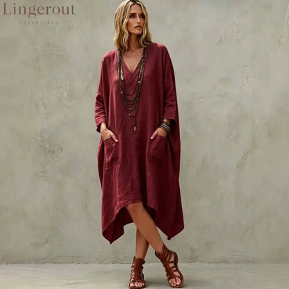 Linen Blend V-Neck 3/4 Sleeve Irregular Hem Midi Dress With Side Pockets - Claret / S