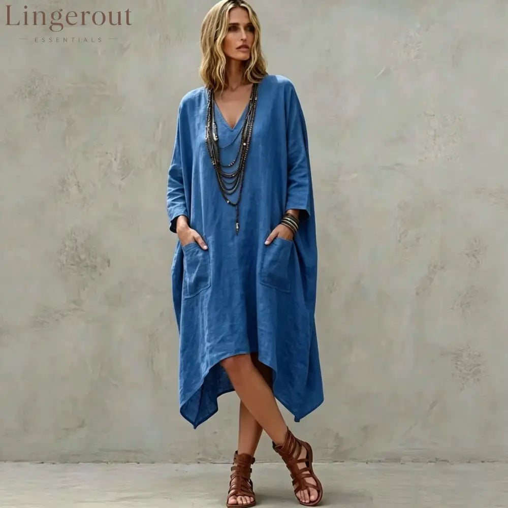 Linen Blend V-Neck 3/4 Sleeve Irregular Hem Midi Dress With Side Pockets - Royal blue / S