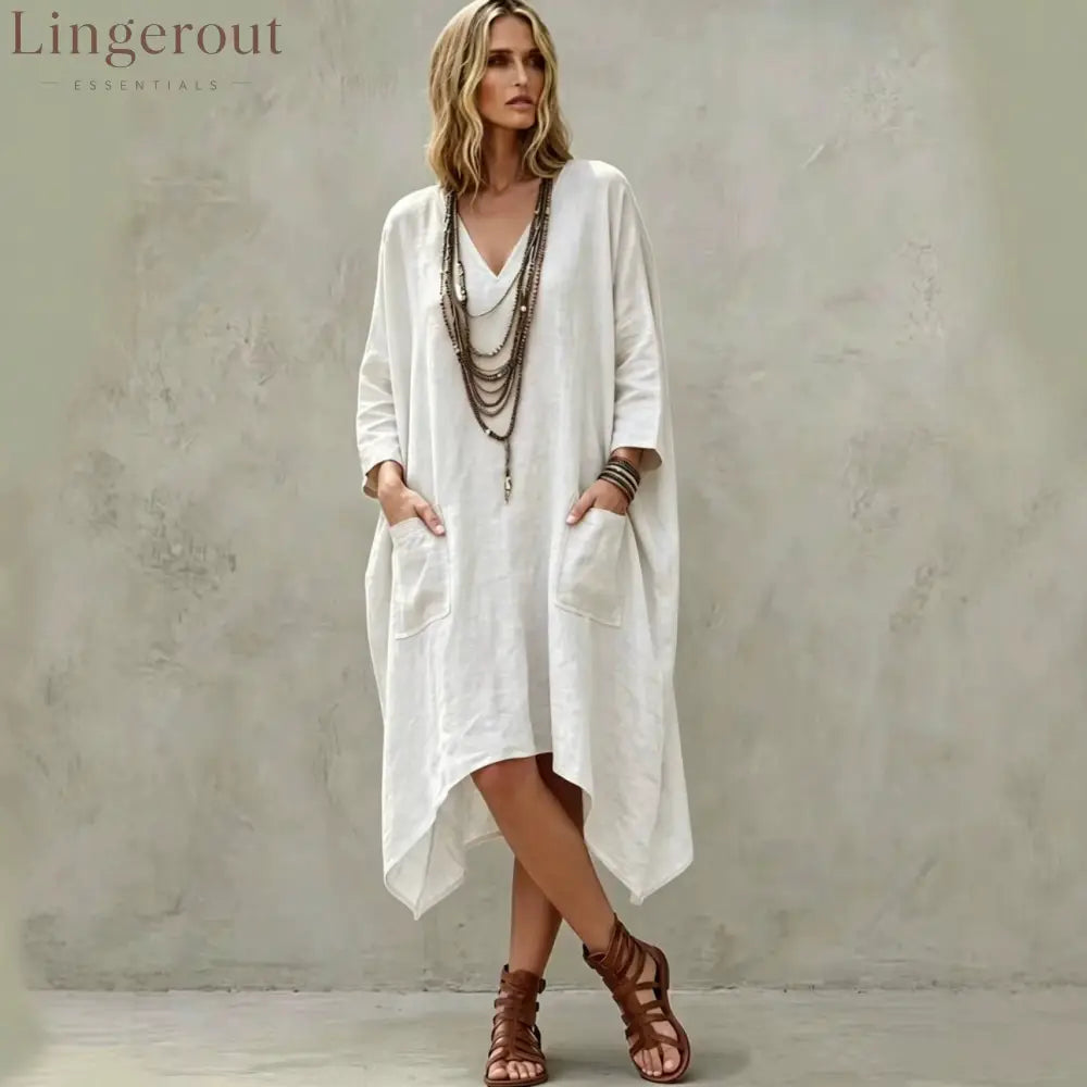 Linen Blend V-Neck 3/4 Sleeve Irregular Hem Midi Dress With Side Pockets - White / S