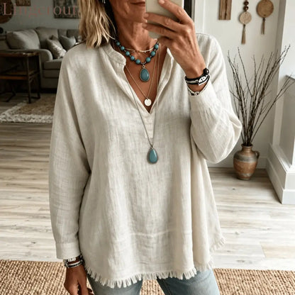 Linen Blend V‑Notch Stand Collar Fringe Hem Blouse - Apricot / S