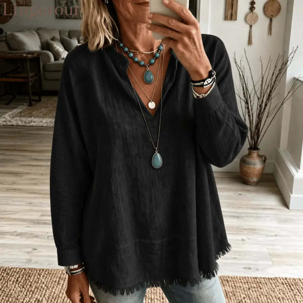 Linen Blend V‑Notch Stand Collar Fringe Hem Blouse - Black / S