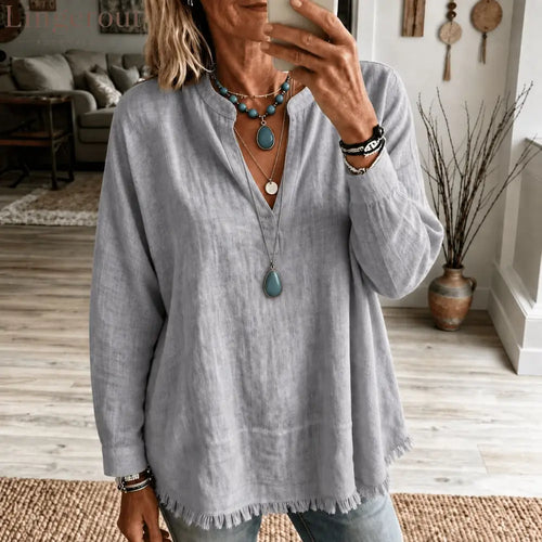 Linen Blend V‑Notch Stand Collar Fringe Hem Blouse - Grey / S