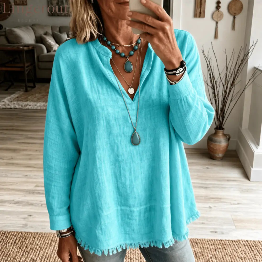 Linen Blend V‑Notch Stand Collar Fringe Hem Blouse - Lake green / S