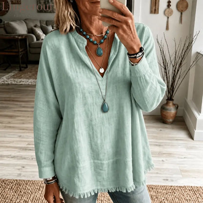 Linen Blend V‑Notch Stand Collar Fringe Hem Blouse - Light green / S